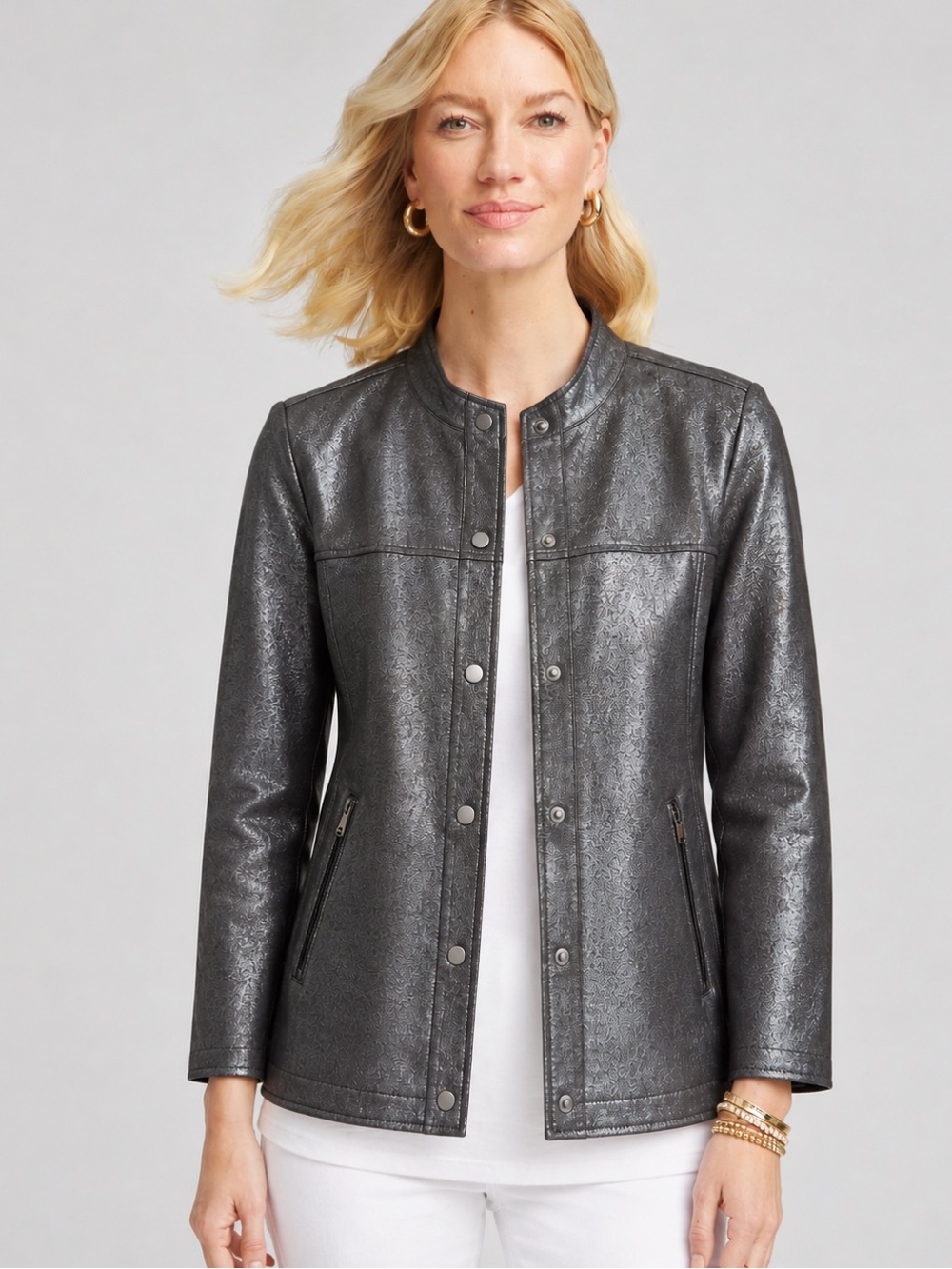 CHICO’S Metallic Grey Leather-Look Snap-Front Jacket